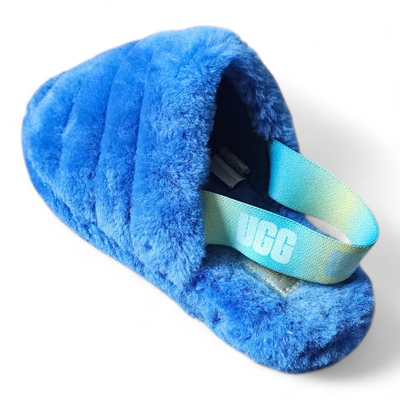 UGG Fluff Yeah Slide Sandals Blue Rainbow Strap Kids Size 4 - Picture 7 of 9